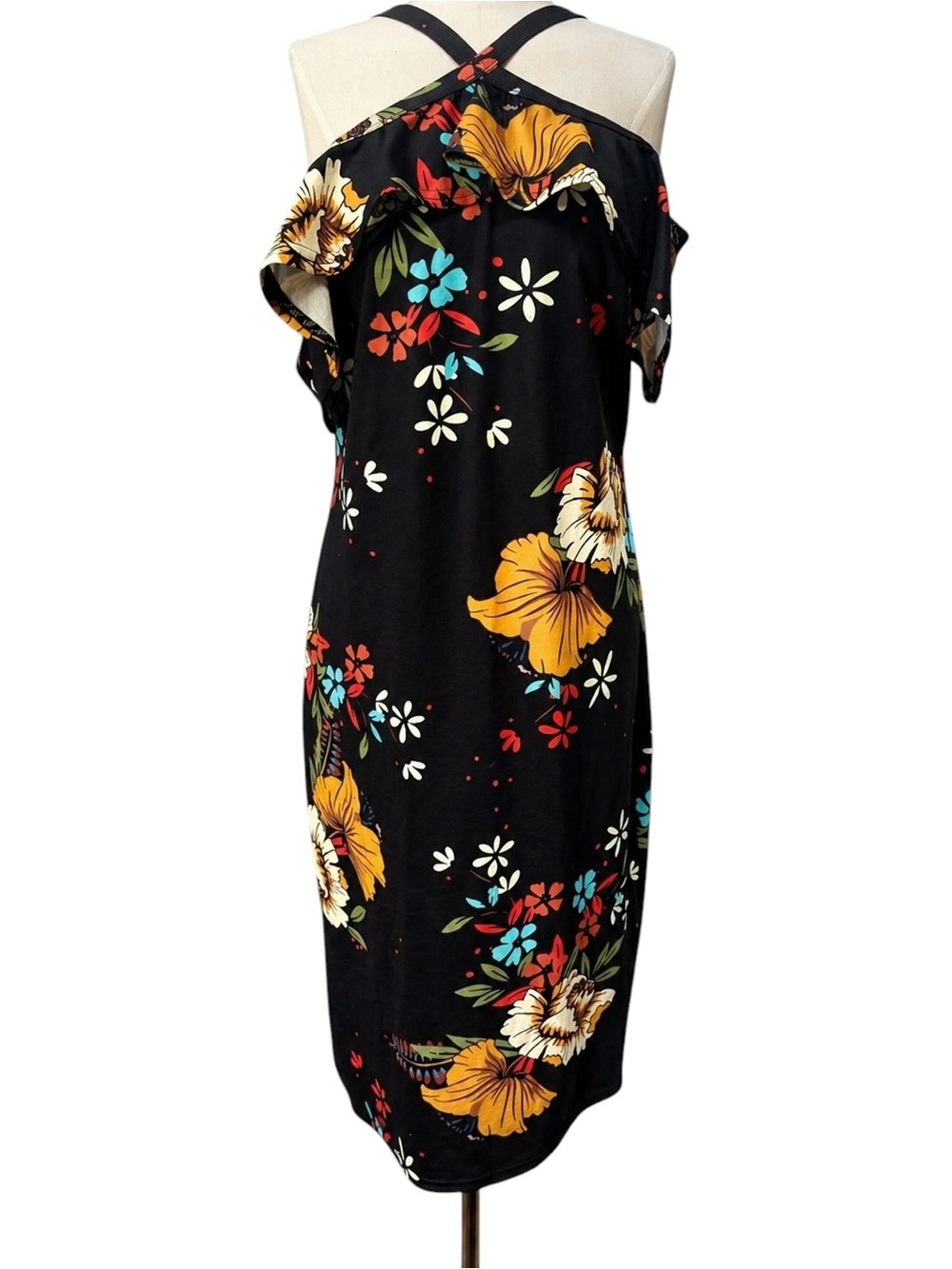 TROPICAL Floral Off Shoulder Dress XL Stretch Ruffle Resort Vacation